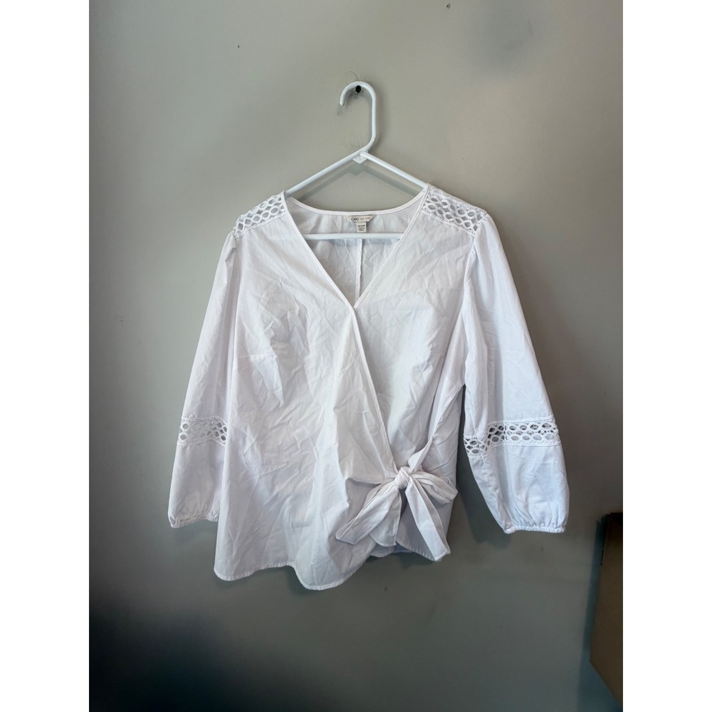 Cato White Eyelet Lace Wrap Blouse V-Neck Side Tie 3/4 Sleeve Top Plus 14/16W